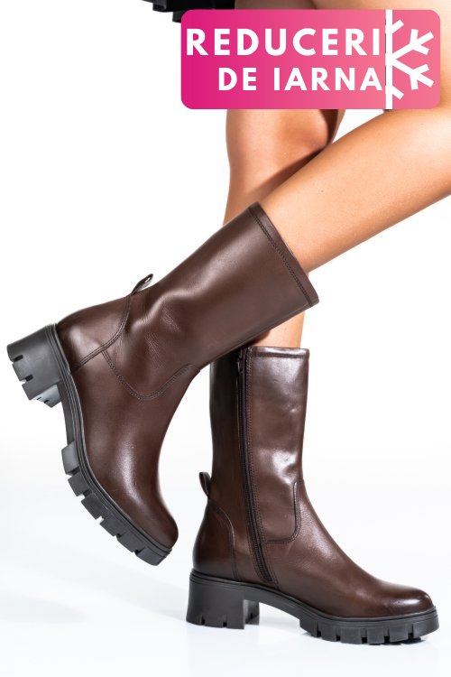 Cizme femei cu fermoar piele naturala maro inchis vb083203