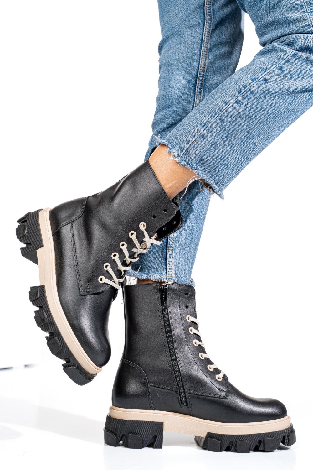 GHETE NEGRU BEJ PIELE NATURALA 1S7724