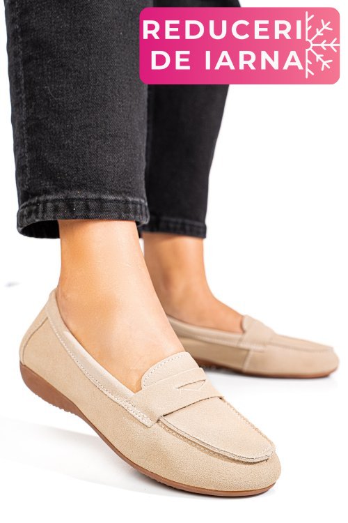 Mocasini bej piele naturala intoarsa fsp003634