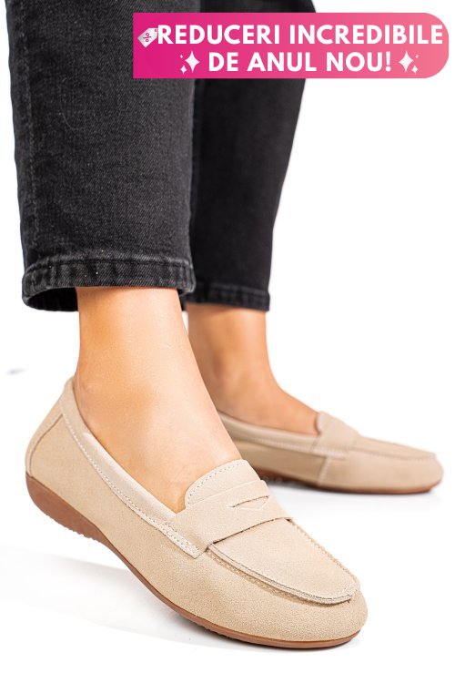 Mocasini bej piele naturala intoarsa fsp003634
