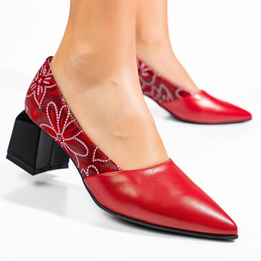PANTOFI ROSII FLORAL PIELE NATURALA 5S77460