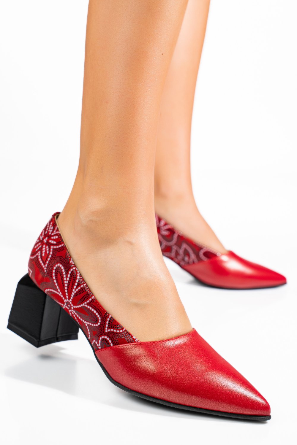 PANTOFI ROSII FLORAL PIELE NATURALA 5S77460