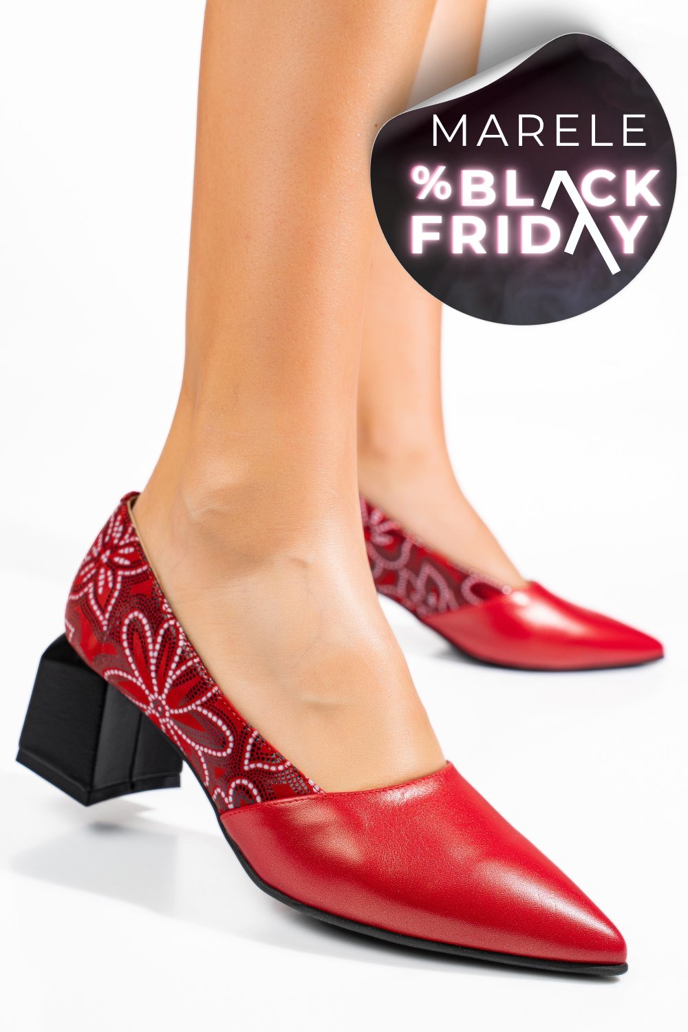 PANTOFI ROSII FLORAL PIELE NATURALA 5S77460