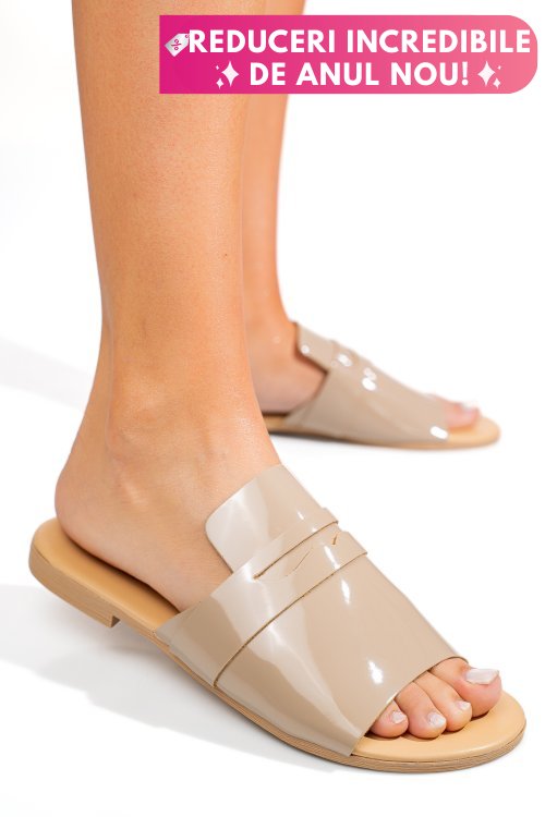 Papuci bej piele naturala lacuita sfiziosa