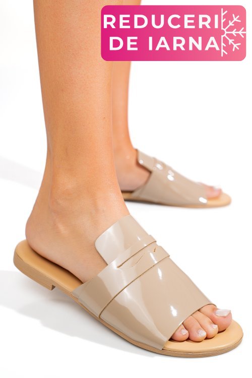 Papuci bej piele naturala lacuita sfiziosa