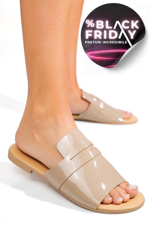 Papuci bej piele naturala lacuita sfiziosa