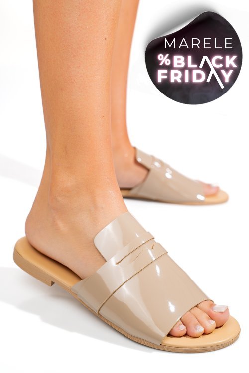 Papuci bej piele naturala lacuita sfiziosa