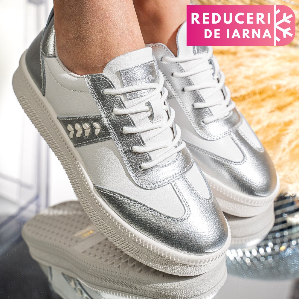 PANTOFI SPORT ALB ARGINTIU PIELE NATURALA FSP005016