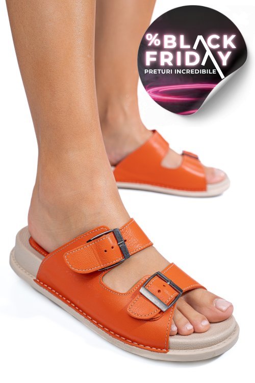 Papuci portocalii piele naturala apckd-0100
