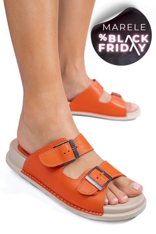 Papuci portocalii piele naturala apckd-0100