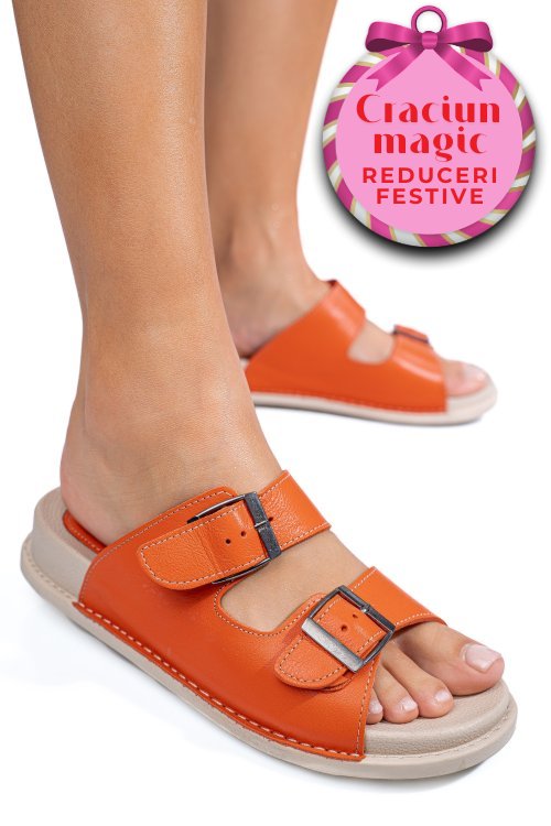 Papuci portocalii piele naturala apckd-0100