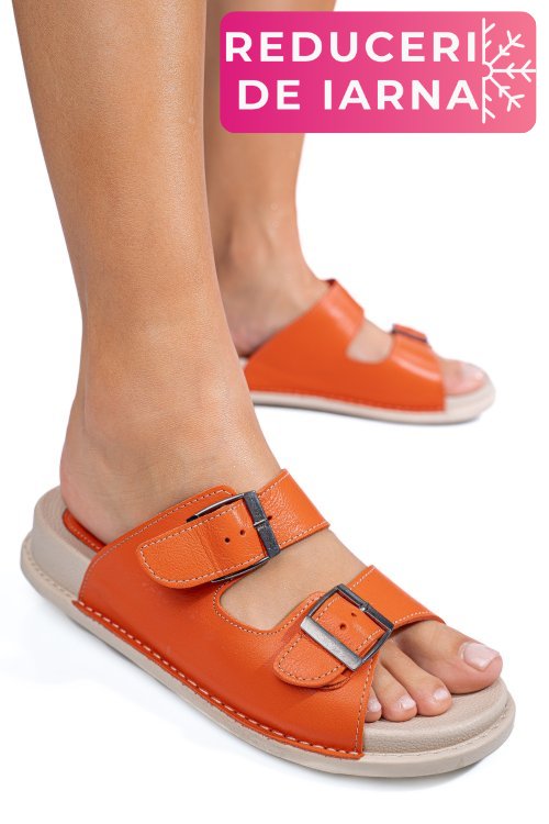 Papuci portocalii piele naturala apckd-0100