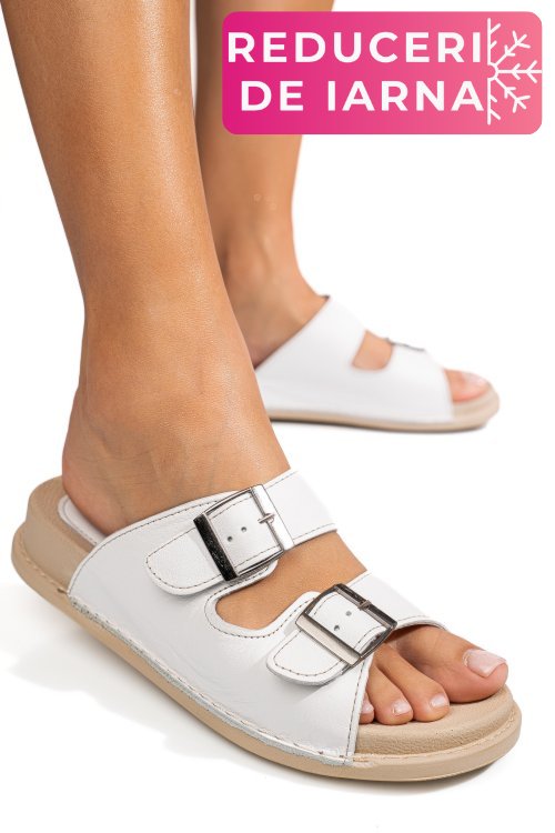 Papuci albi piele naturala apckd-0100