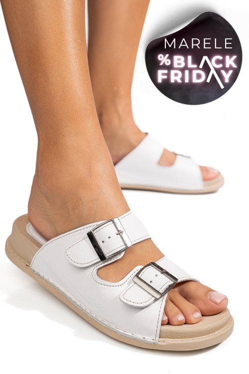 Papuci albi piele naturala apckd-0100