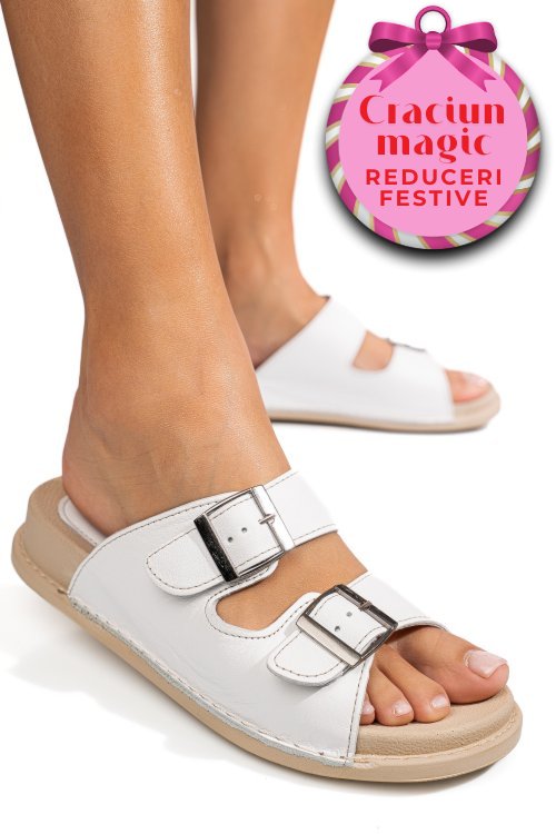 Papuci albi piele naturala apckd-0100