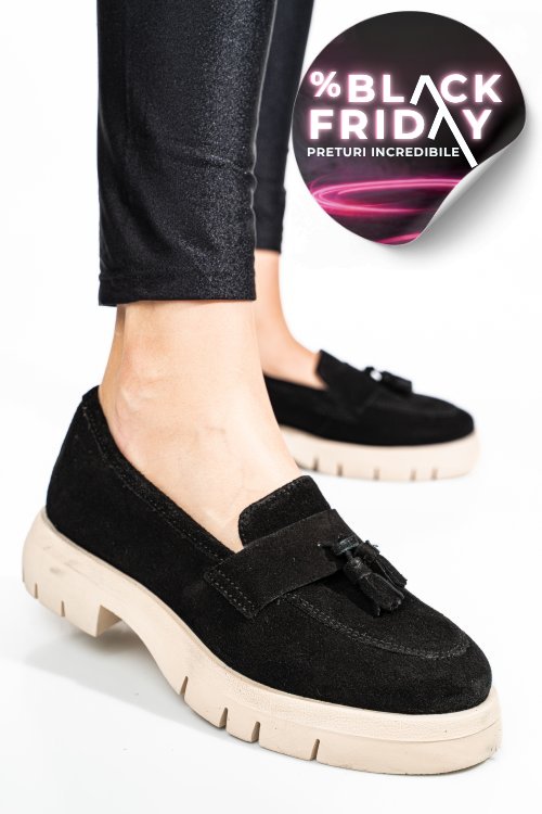 Mocasini negri piele naturala intoarsa tim-672