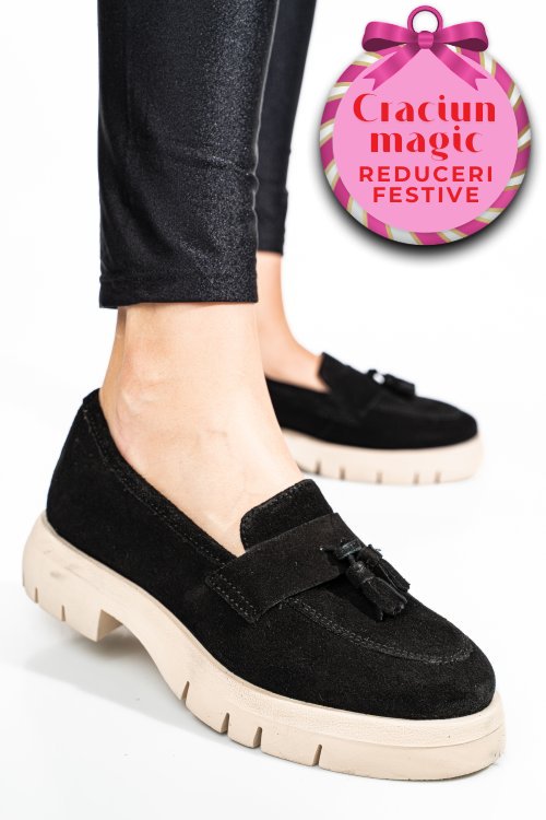 Mocasini negri piele naturala intoarsa tim-672