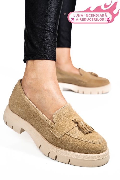 Mocasini bej piele naturala intoarsa tim-672