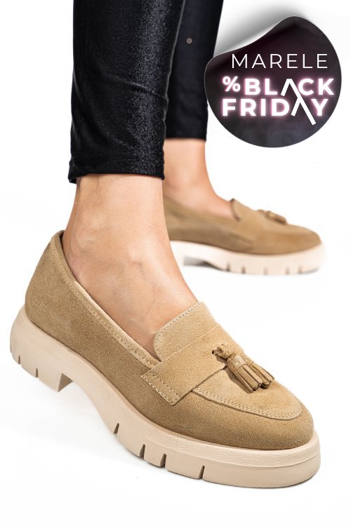 Mocasini bej piele naturala intoarsa tim-672