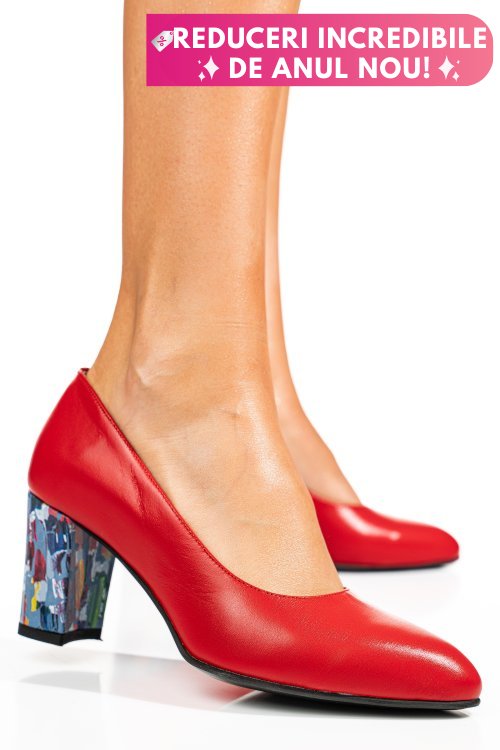 Pantofi rosu floral piele naturala 1pc607