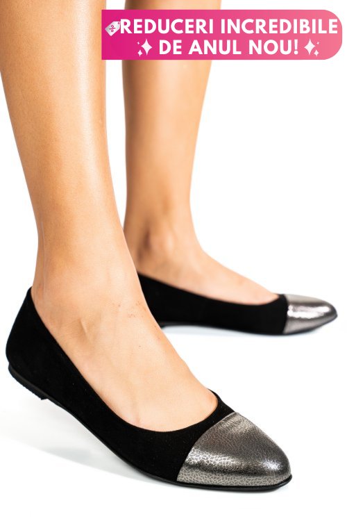 Balerini negru argintiu floral piele naturala intoarsa 1pc06