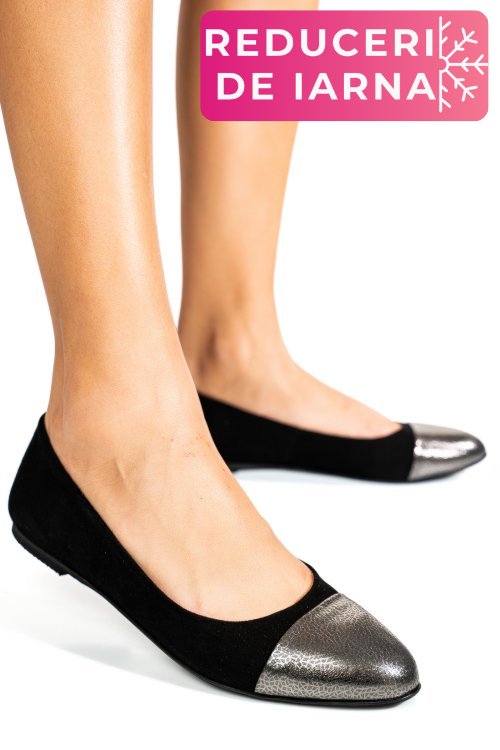 Balerini negru argintiu floral piele naturala intoarsa 1pc06