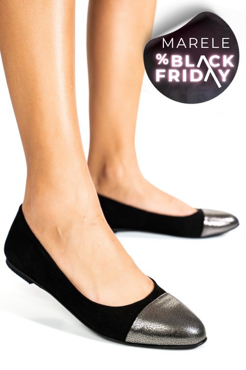 Balerini negru argintiu floral piele naturala intoarsa 1pc06