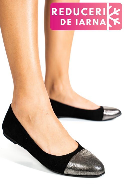 Balerini negru argintiu floral piele naturala intoarsa 1pc06