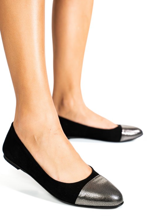 Balerini negru argintiu floral piele naturala intoarsa 1pc06