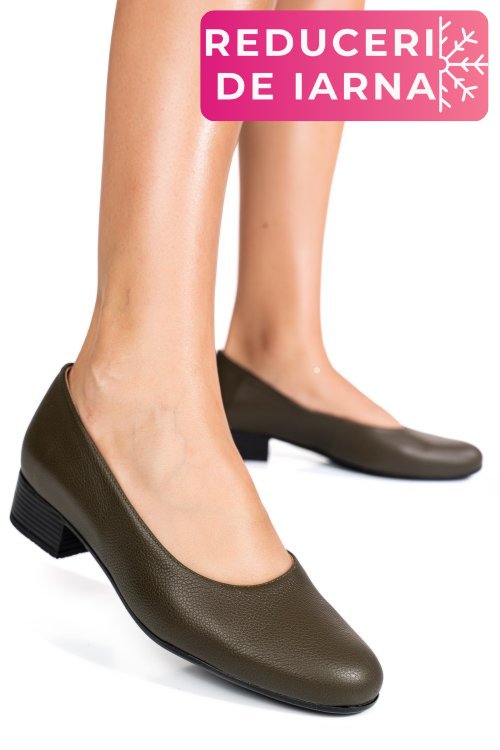Pantofi dama piele naturala khaki toc mic 2s77040