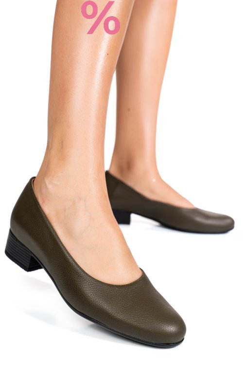 Pantofi dama piele naturala khaki toc mic 2s77040