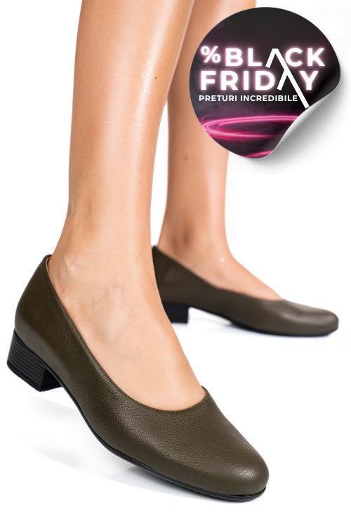 Pantofi dama piele naturala khaki toc mic 2s77040