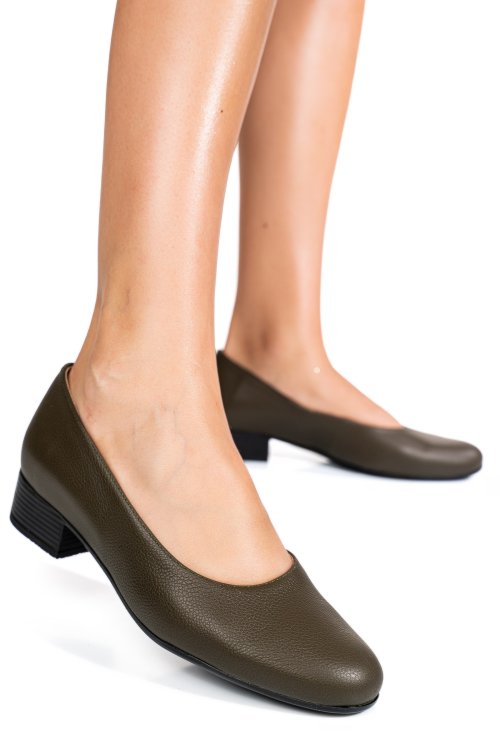 Pantofi dama piele naturala khaki toc mic 2s77040