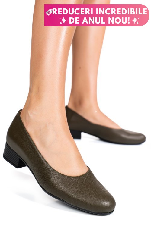 Pantofi dama piele naturala khaki toc mic 2s77040
