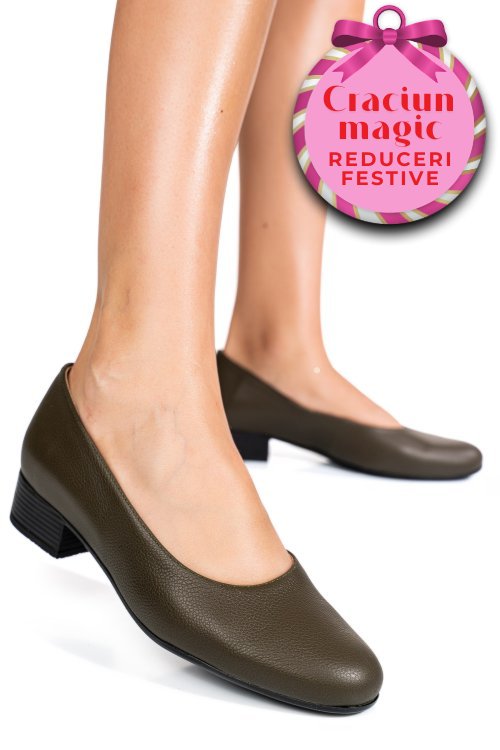 Pantofi dama piele naturala khaki toc mic 2s77040