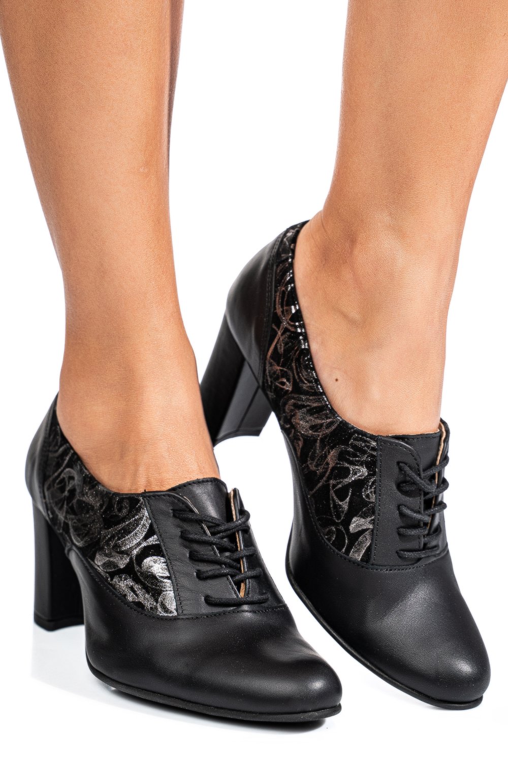 PANTOFI NEGRU ARGINTIU PIELE NATURALA 5S77771