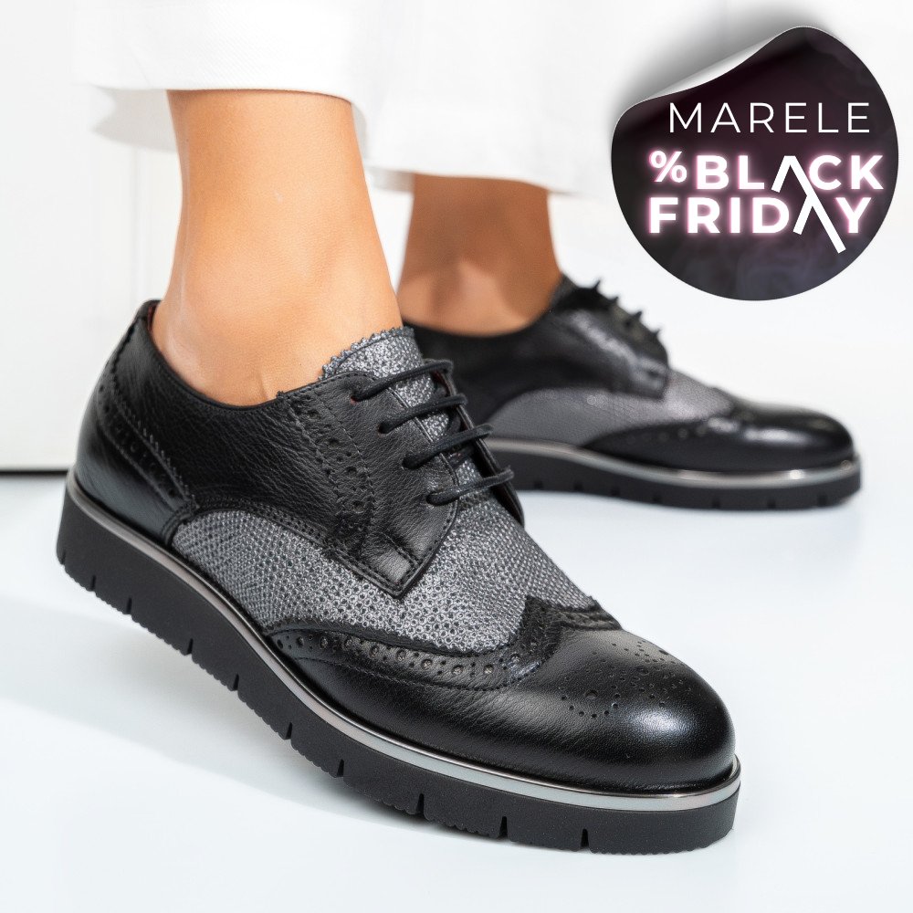 PANTOFI NEGRU ARGINTIU PIELE NATURALA 5S7744001