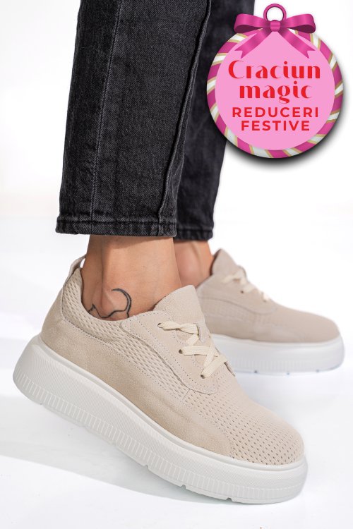 Pantofi sport bej piele naturala  intoarsa fsp002472
