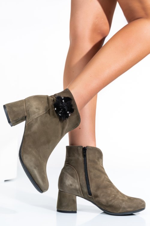 Botine dama cu toc mic piele naturala intoarsa khaki 7s7725